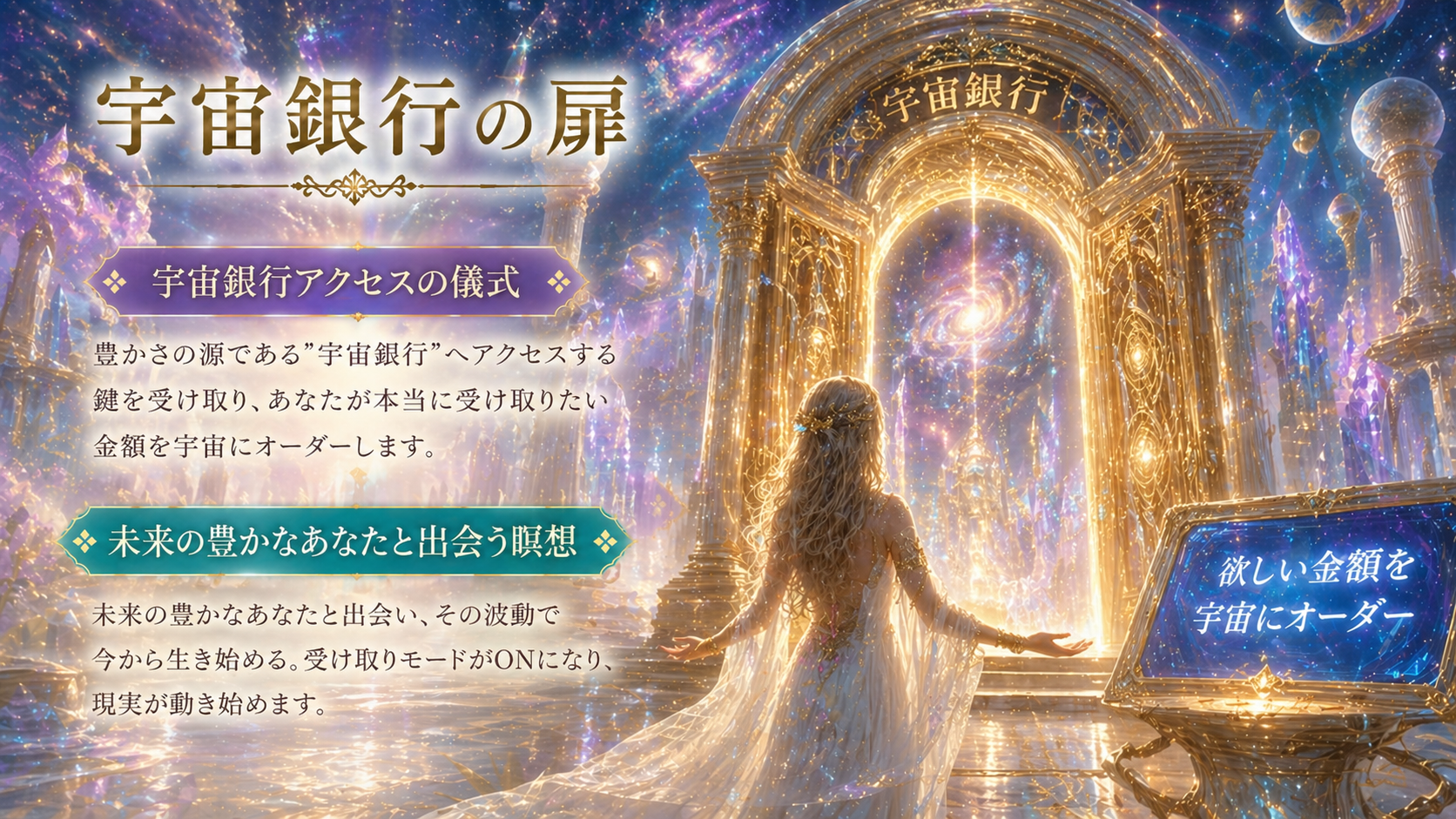 宇宙銀行の扉 — 宇宙銀行アクセスの儀式／未来の豊かなあなたと出会う瞑想